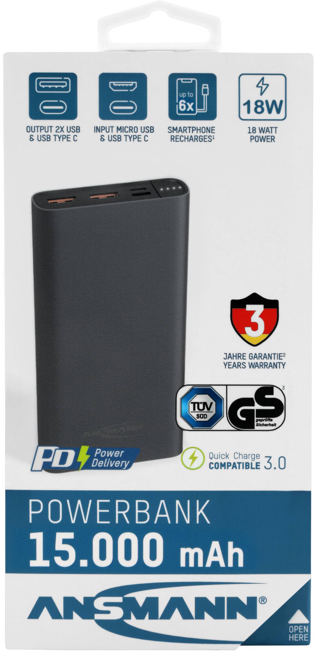 Ansmann 15Ah PD Powerbank 15000 mAh Power Delivery, Quick Charge 3.0 LiPo  Schwarz Statusanzeige