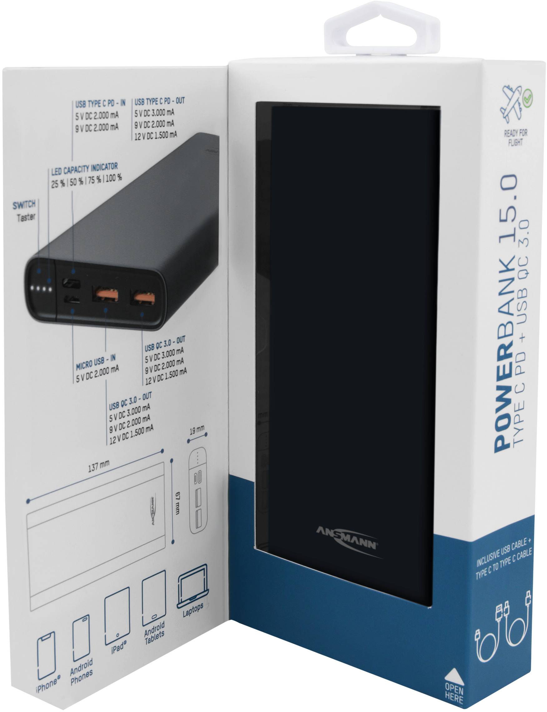 Ansmann 15Ah PD Powerbank 15000 mAh Power Delivery, Quick Charge 3.0 LiPo  Schwarz Statusanzeige