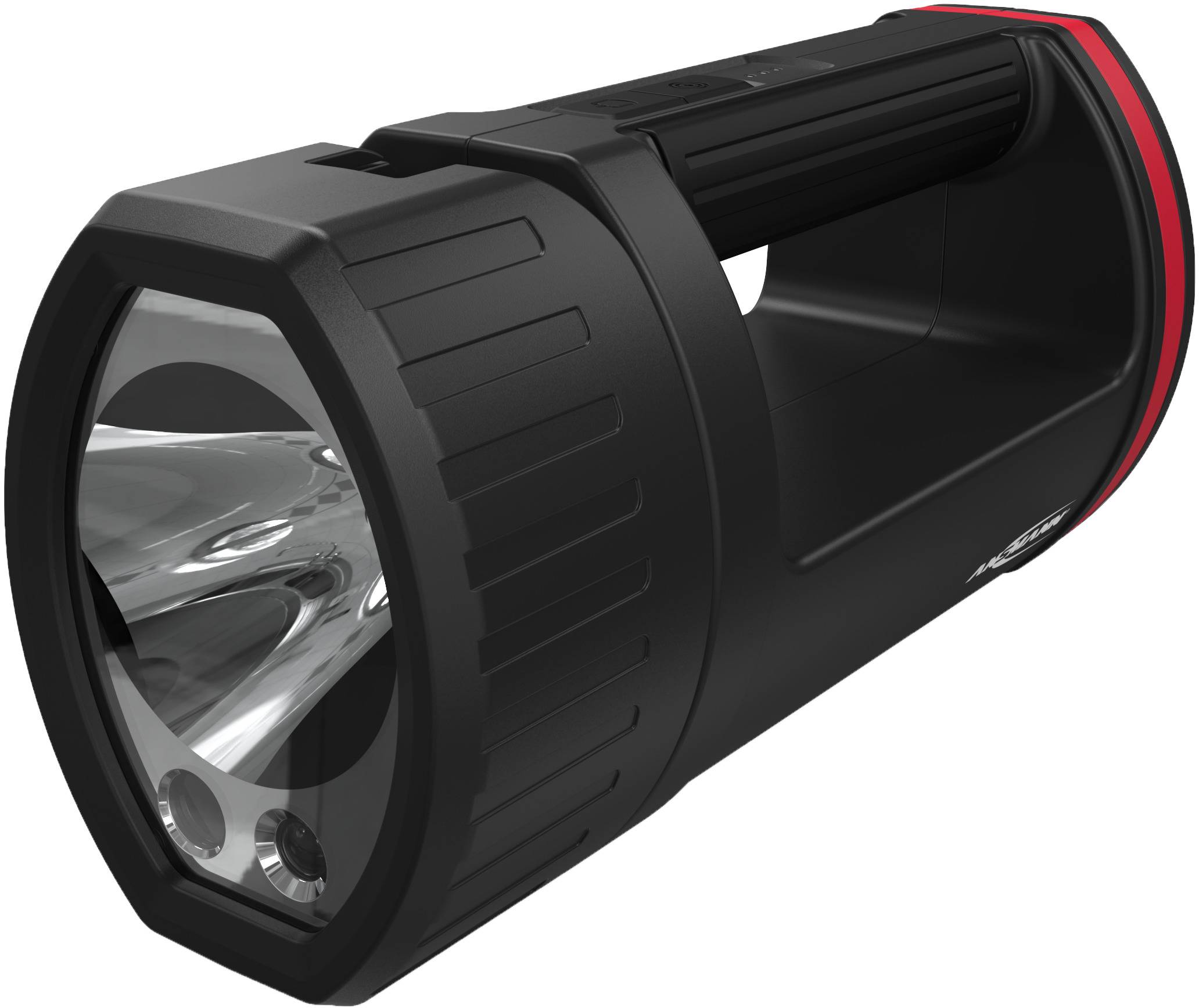 Schwarze Taschenlampe mit rotem Akzent, Kunststoffgehäuse, zwei Leuchten und ergonomischem Griff.
