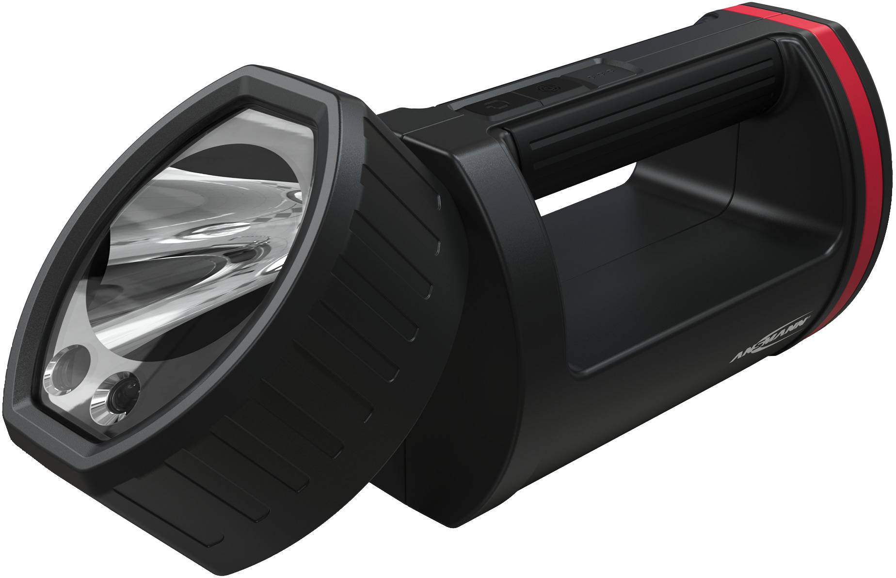 Schwarze, tragbare Taschenlampe mit großem Scheinwerfer und zwei Tasten, ergonomischer Griff. Geeignet für Outdoor-Abenteuer.