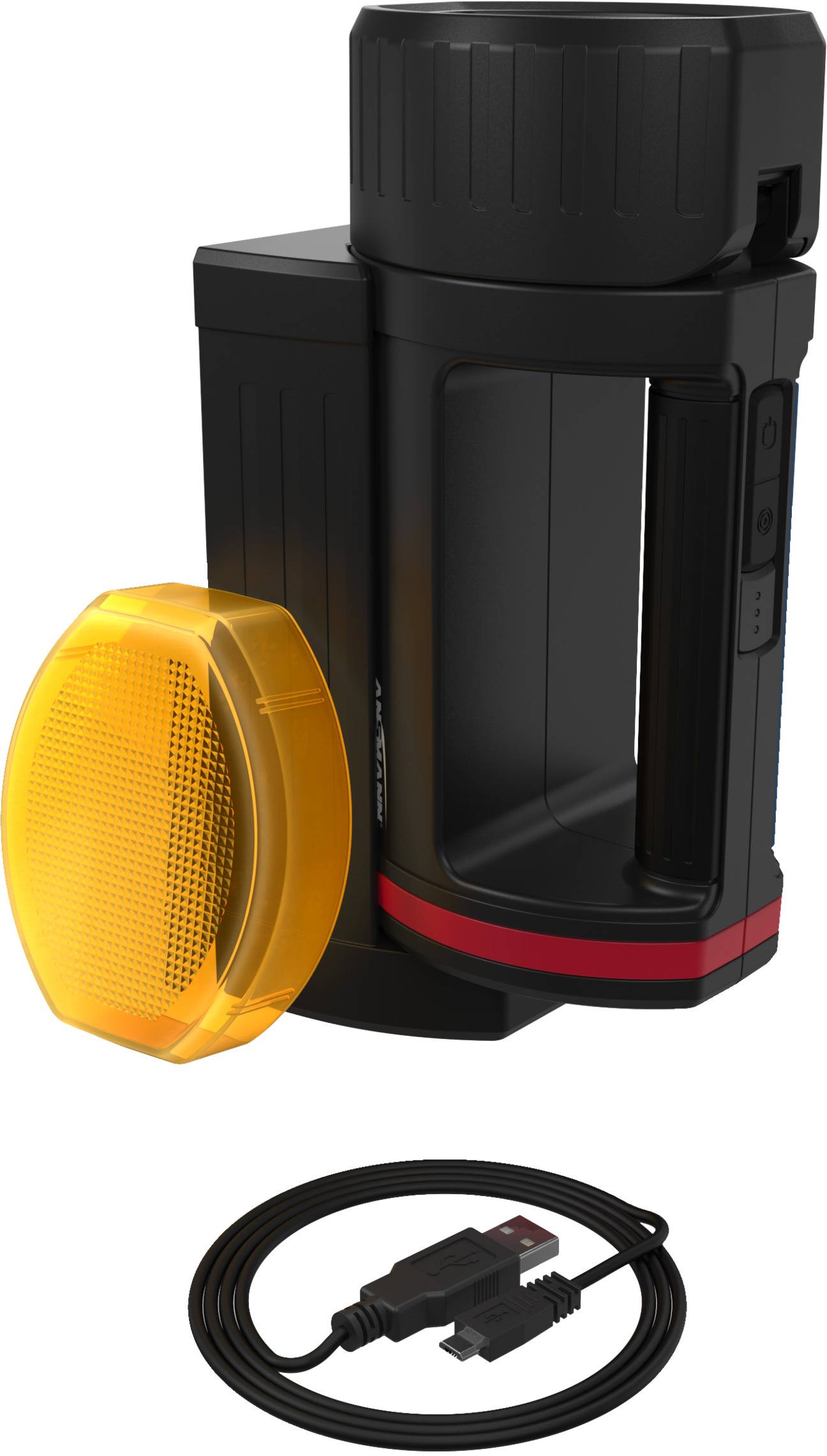 Tragbare schwarze LED-Lampe mit rotem Streifen, gelbem Reflektor und USB-Ladekabel, geeignet für Outdoor-Aktivitäten.