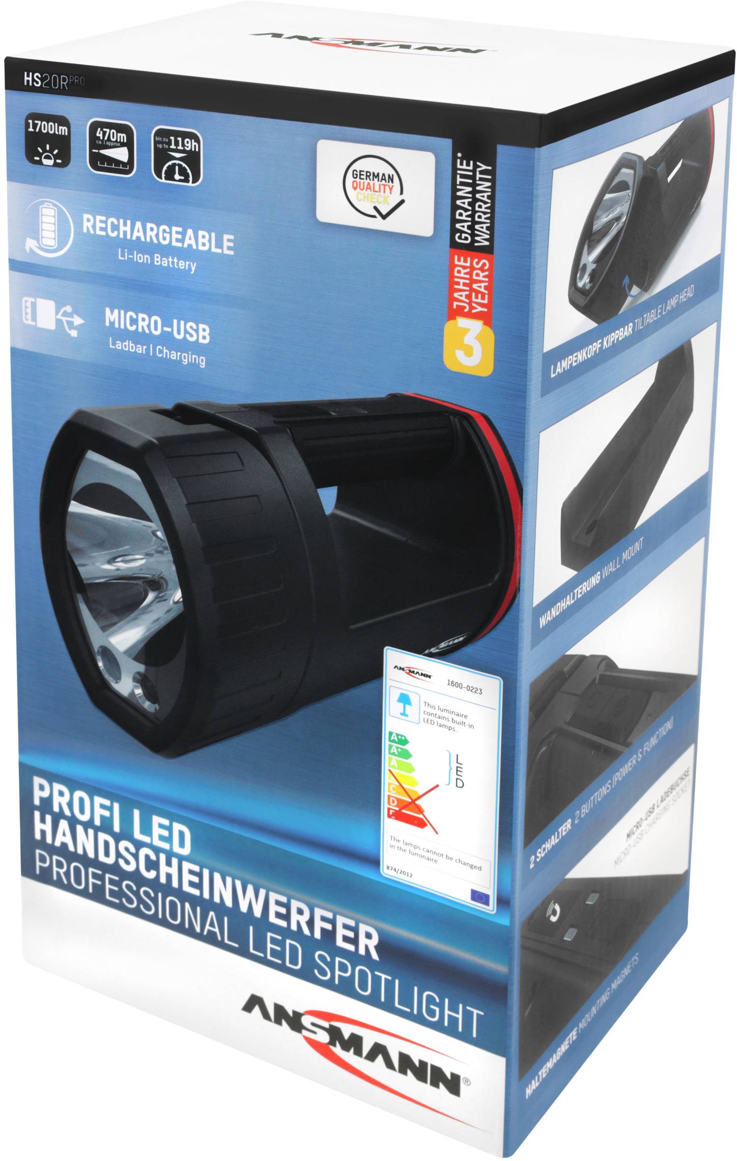 Verpackung eines Ansmann Profi LED Handscheinwerfers. Merkmale: wiederaufladbar, Micro-USB, LED-Leuchten, 3 Jahre Garantie.