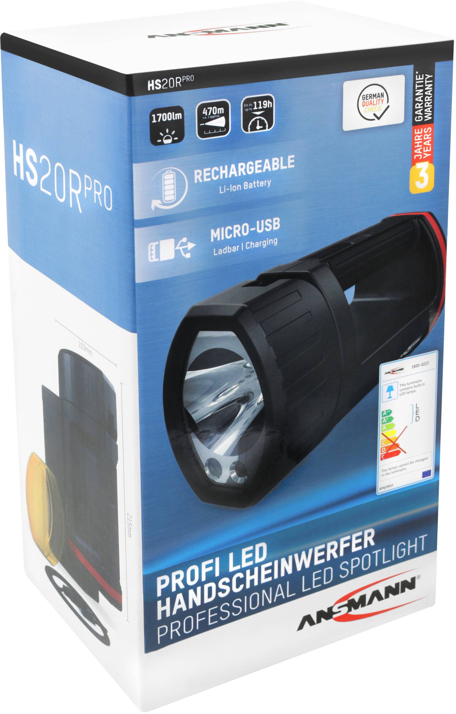 Eine wiederaufladbare Profi LED Handlampe mit 1700 Lumen, 470m Reichweite, bis zu 11 Stunden Laufzeit und inkl. Micro-USB-Kabel.