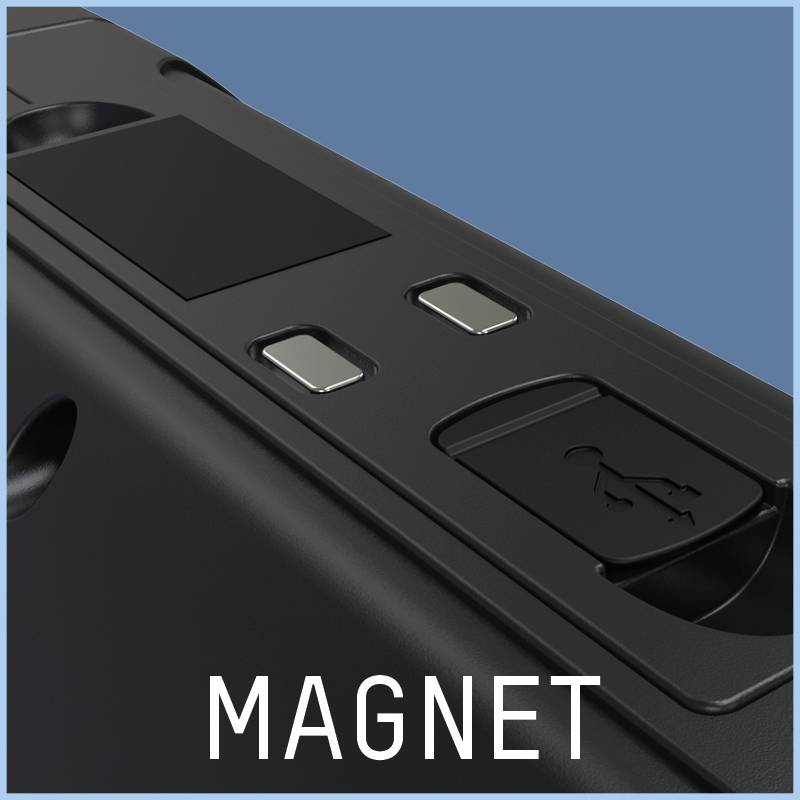 Nahaufnahme eines USB-Ports auf einem schwarzen Gerät, umgeben von zwei rechteckigen Tasten. Text unten: 'MAGNET'.