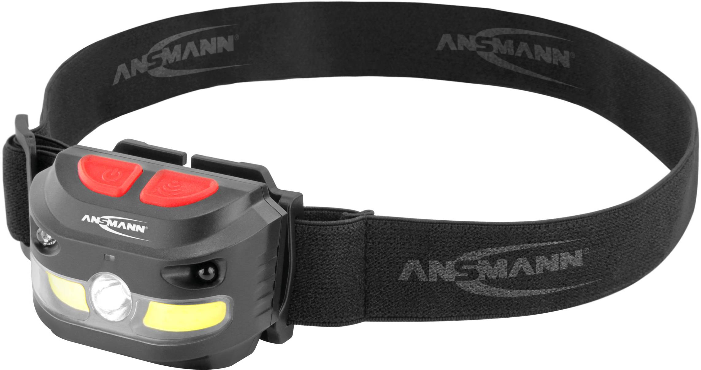 Schwarze Stirnlampe mit elastischem Band, zwei roten Tasten und LED-Leuchten, geeignet für Outdoor-Aktivitäten bei Dunkelheit.