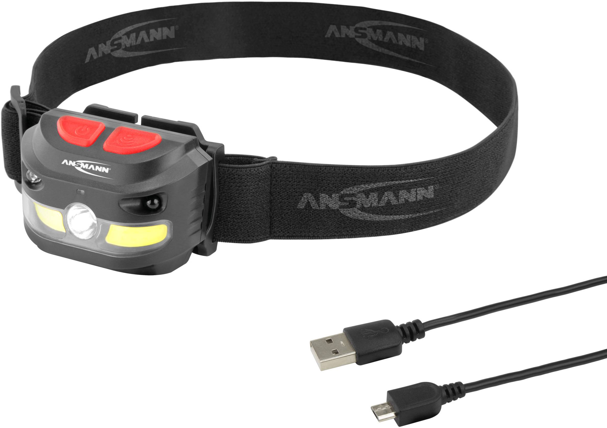 Kopflampe mit verstellbarem Gummiband, zwei roten Knöpfen und USB-Ladekabel, ideal für freihändiges Arbeiten in dunklen Umgebungen.