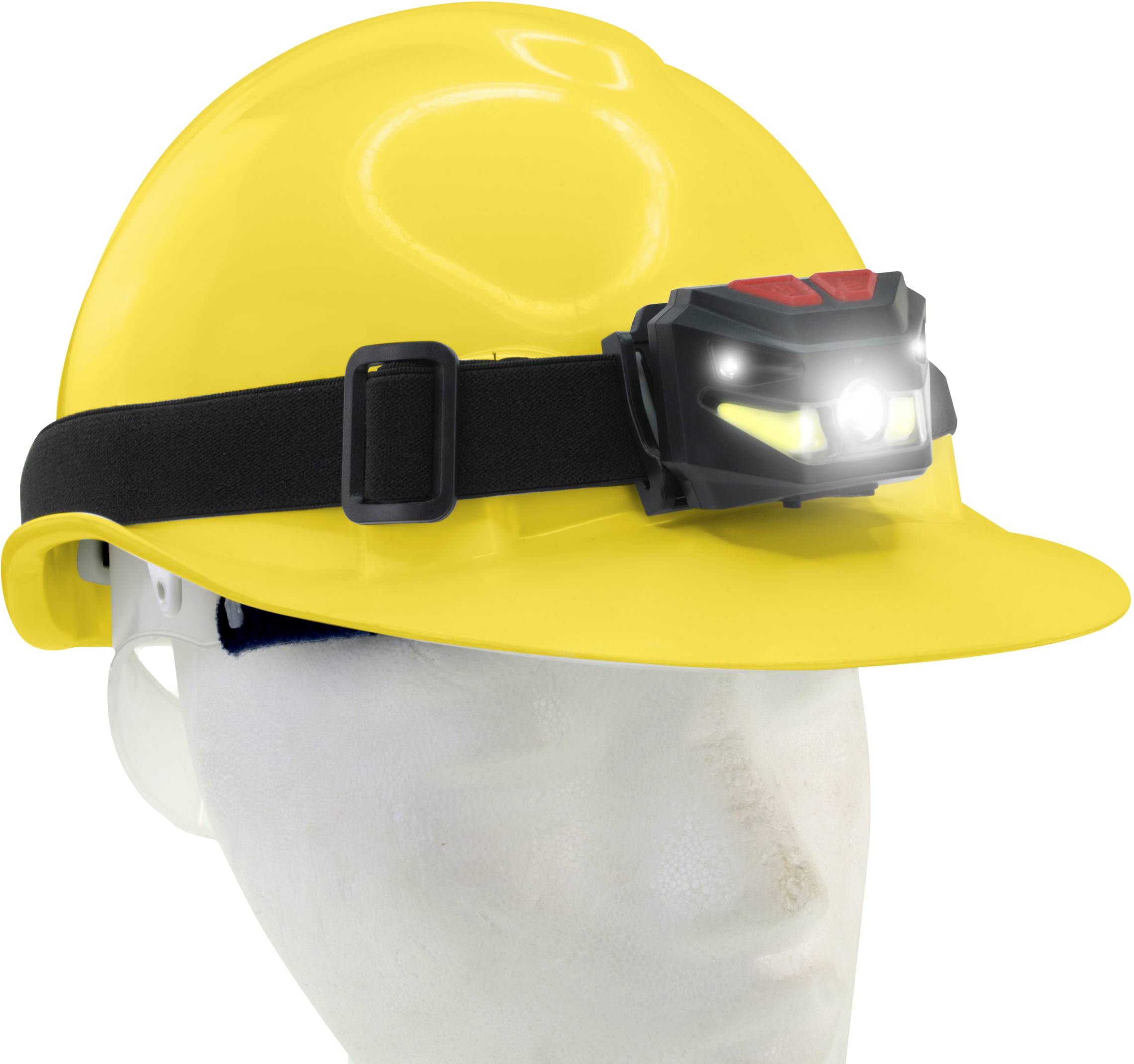 Ein gelber Schutzhelm mit einer schwarzen, leuchtenden Stirnlampe darauf. Der Helm signalisiert Sicherheit am Arbeitsplatz.