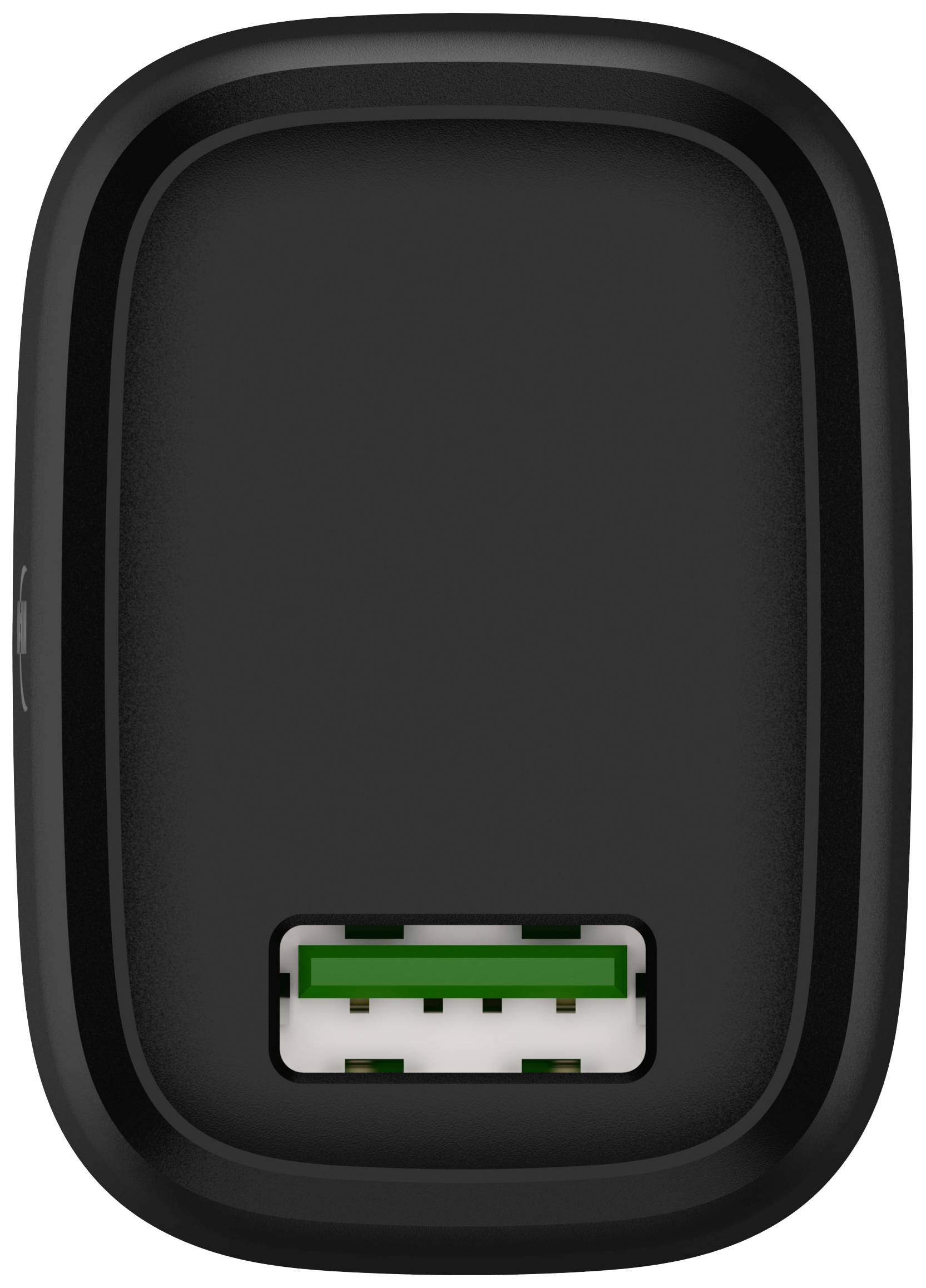 Schwarzes USB-Ladegerät mit einem USB-Anschluss auf der Vorderseite.