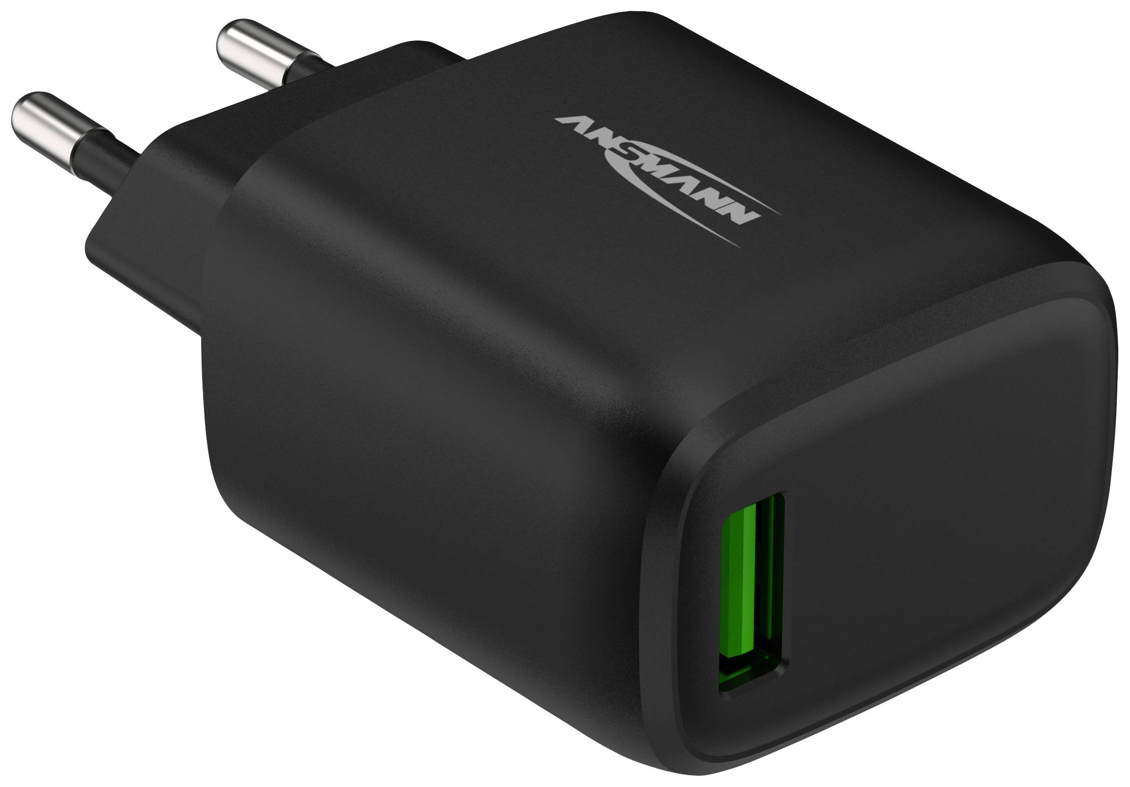 Schwarzes USB-Ladegerät mit grünem Anschluss und zwei Eurosteckern, geeignet für verschiedene elektronische Geräte.