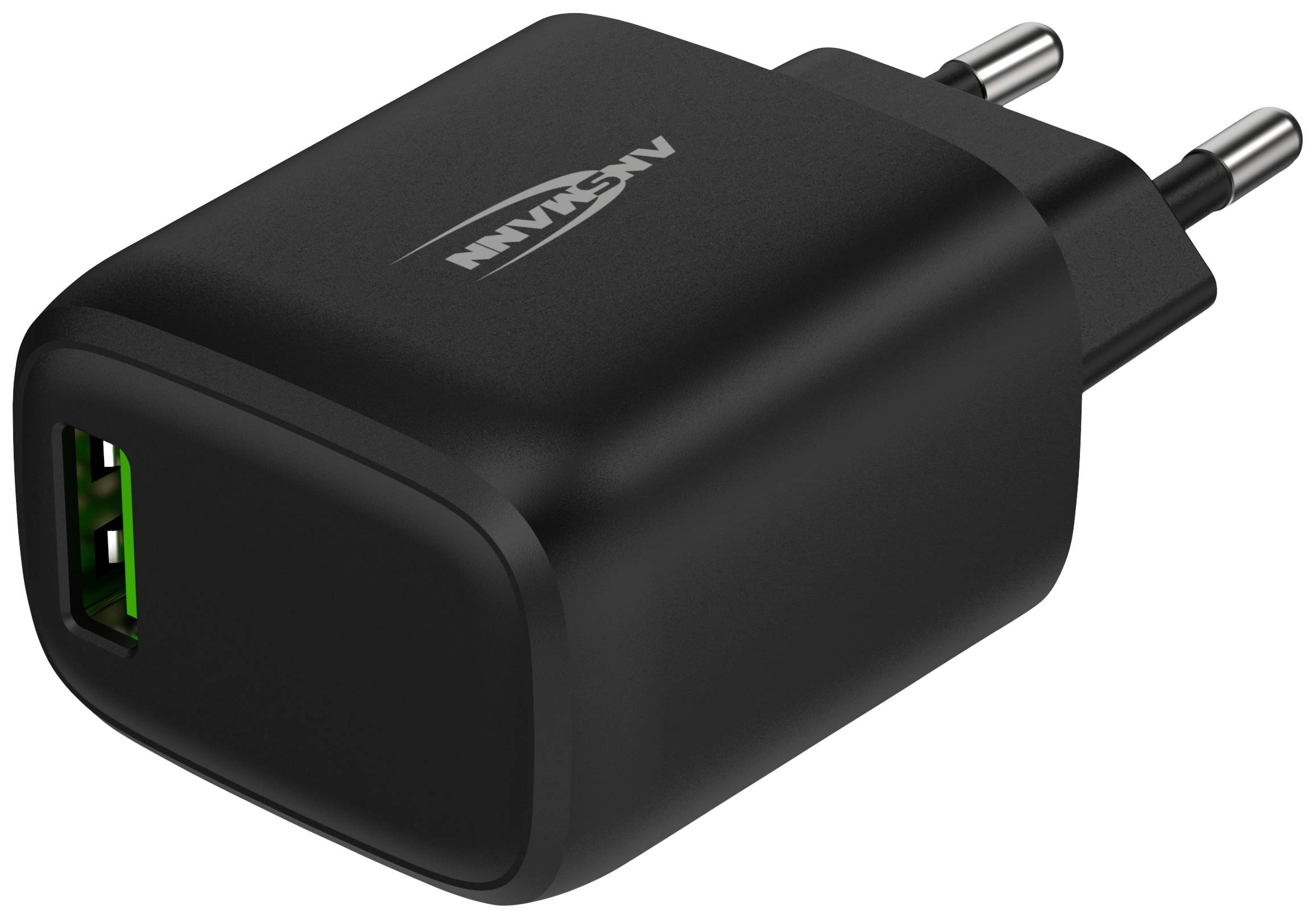 Schwarzes USB-Ladegerät mit zwei europäische Steckerkontakte und einem USB-Anschluss. Markenname auf dem Gerät sichtbar.