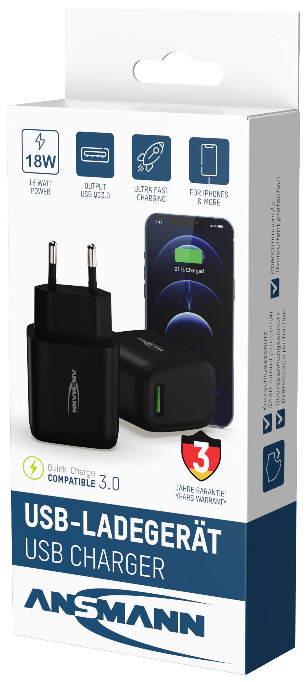 USB-Ladegerät in schwarzer Verpackung mit Text 'USB-Ladegerät'. Zeigt 18W Ladeleistung und Kompatibilität mit Telefonen auf Vorderseite.