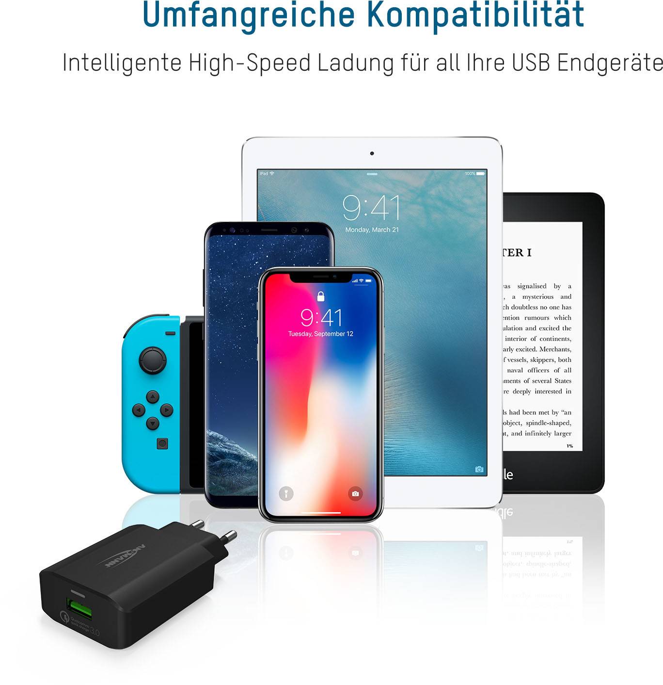 Ladegerät und elektronische Geräte wie Smartphone, Tablet, E-Reader und Spielkonsole. Text oben: 'Umfangreiche Kompatibilität'.