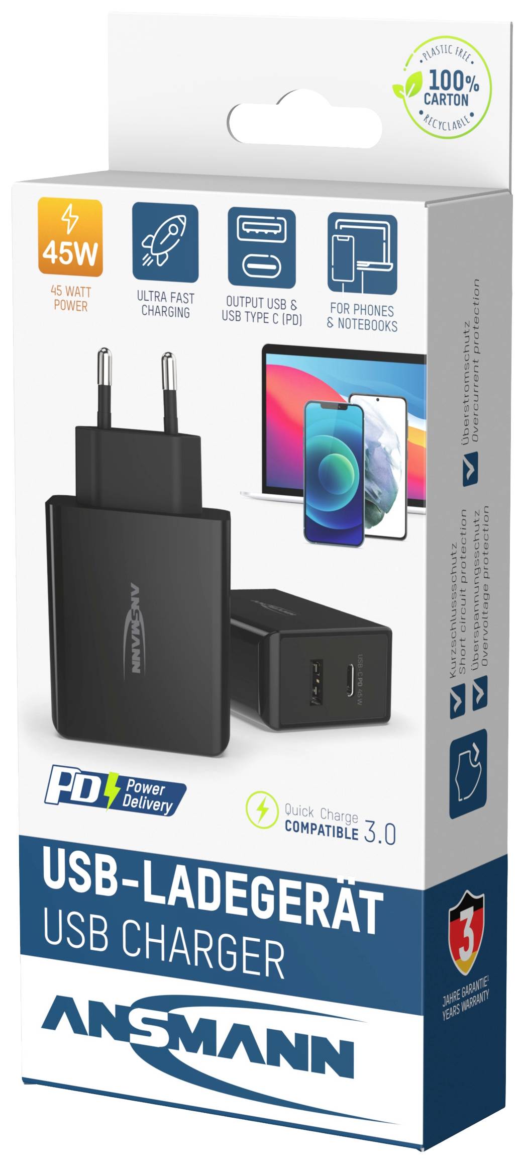 Verpackung eines 45W USB-Ladegeräts mit zwei USB-C und USB-A Anschlüssen, geeignet für Smartphones und Notebooks.