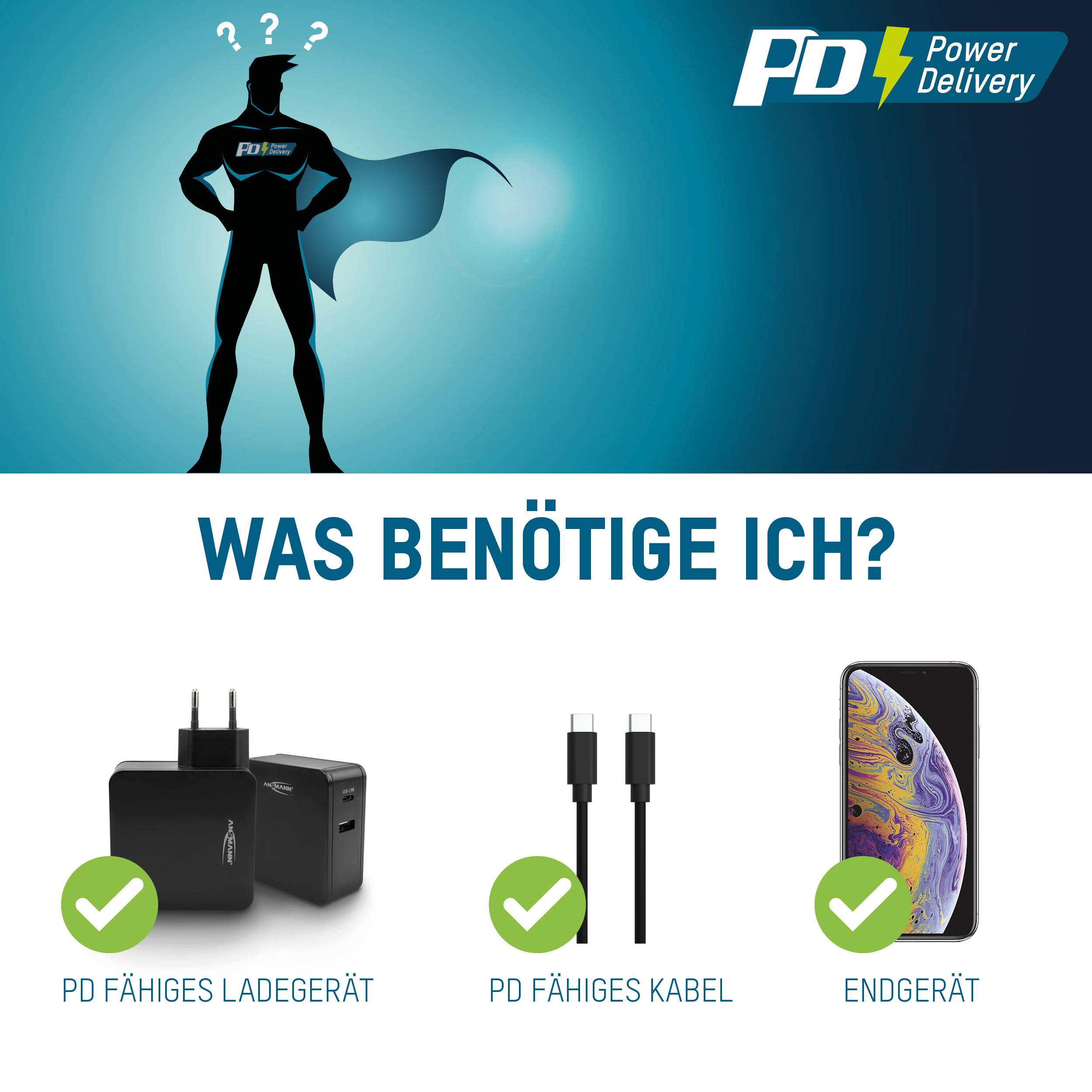 Silhouette einer Person mit Umhang und Fragezeichen über dem Kopf. Darunter: PD fähiges Ladegerät, Kabel, und Endgerät mit Häkchen.