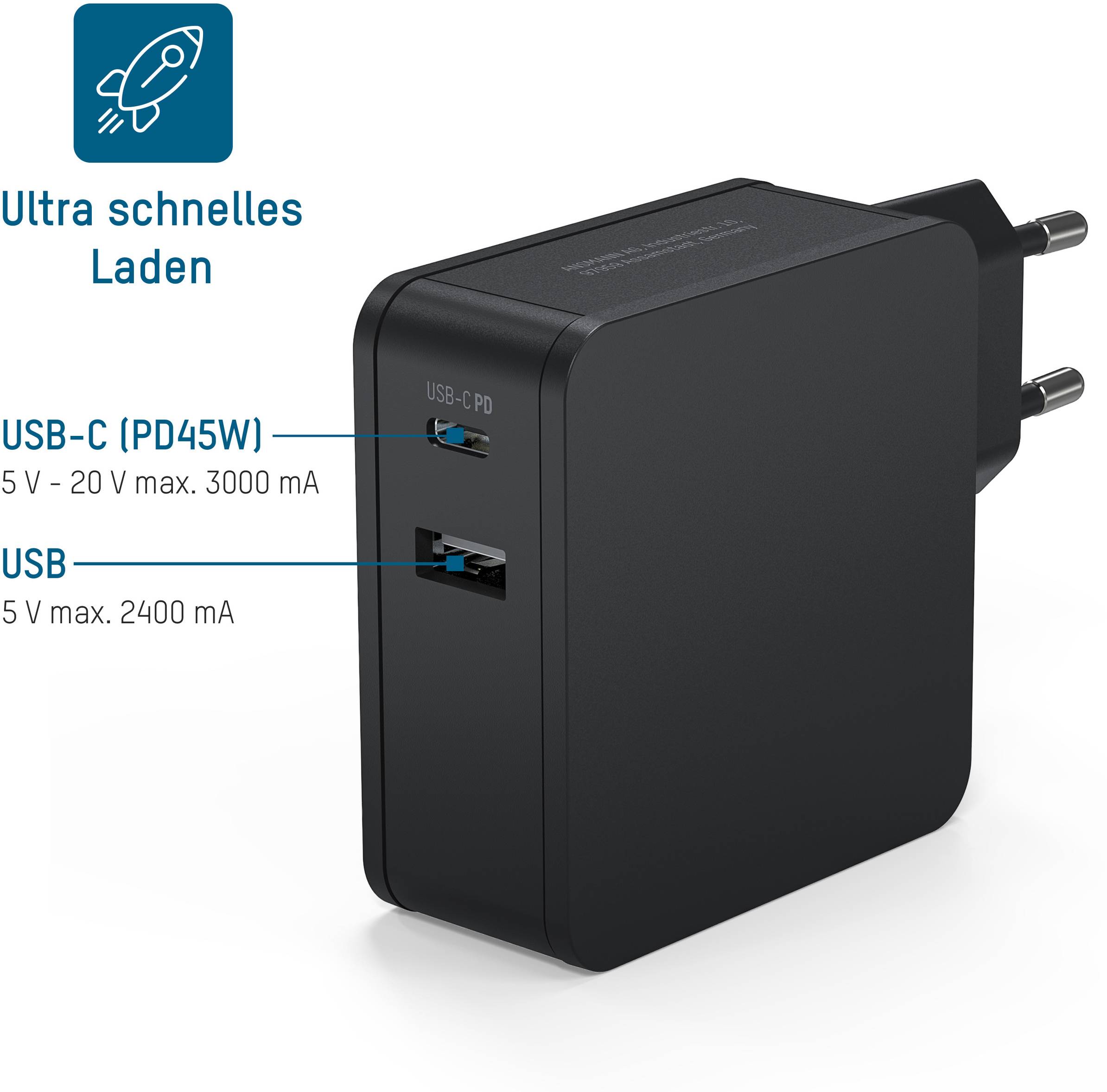 Ansmann Home Charger 247PD USB Ladegerät 45W 1x USB-A, 1x USB-C® USB PD Schwarz Innenbereich