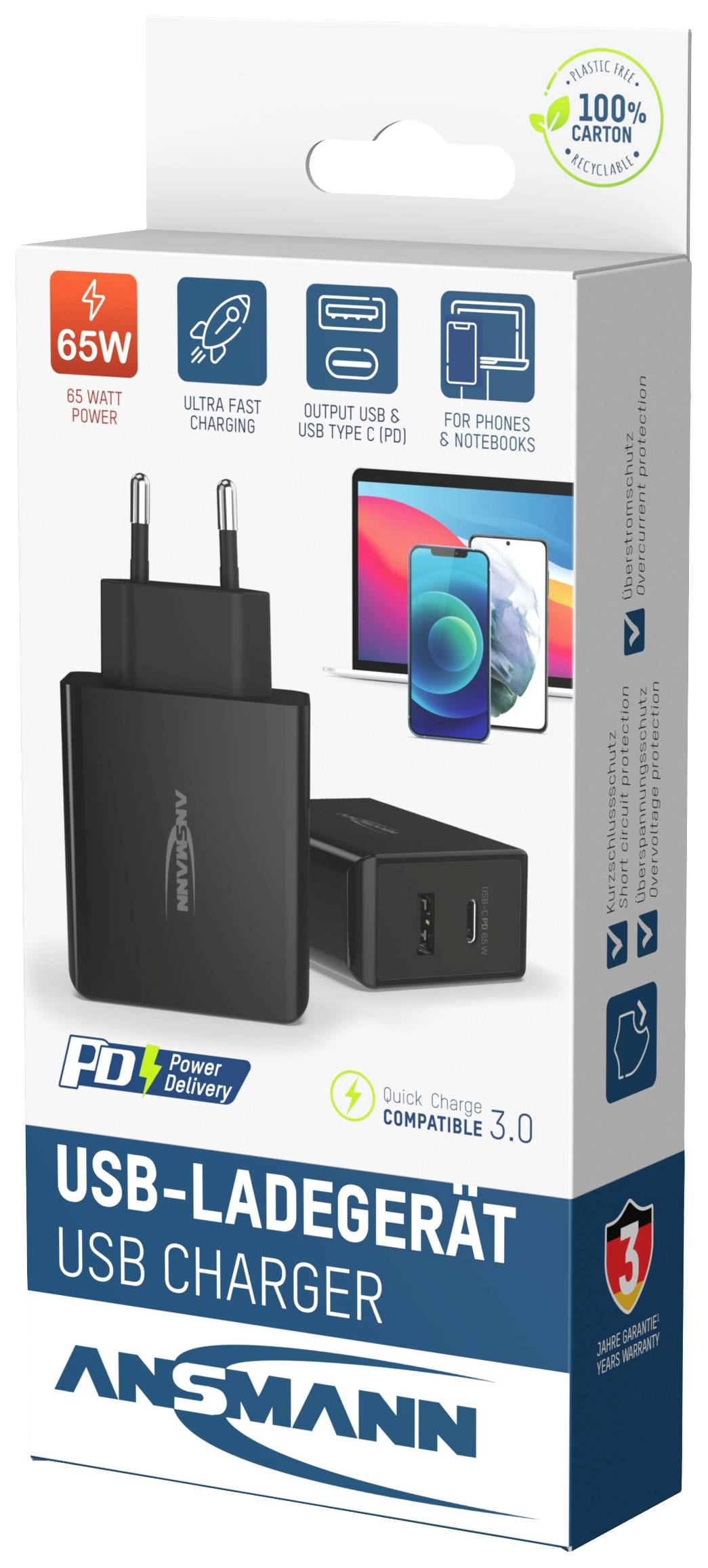 Ansmann Home Charger 254PD USB Ladegerät 65 W 1x USB-A, 1x USB-C® USB PD Schwarz Innenbereich GaN