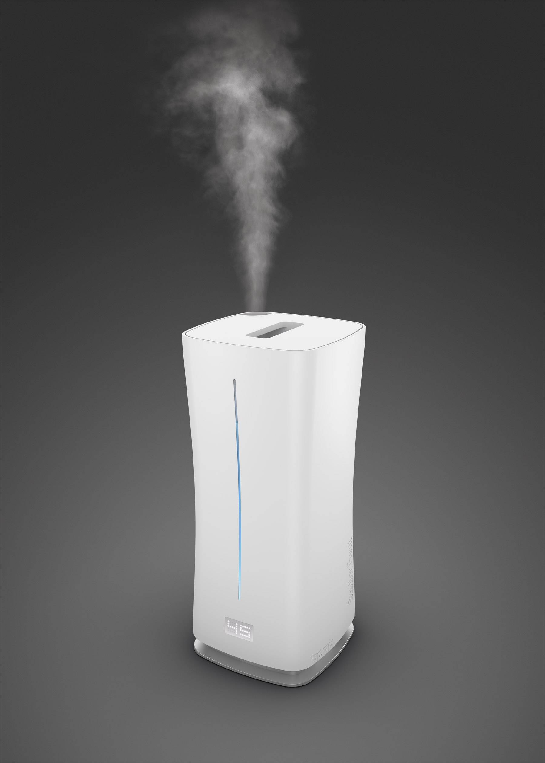 Ein weißer Luftbefeuchter verströmt sichtbaren Nebel in die Luft, vor einem dunkelgrauen Hintergrund, mit einem schlichten, modernen Design.