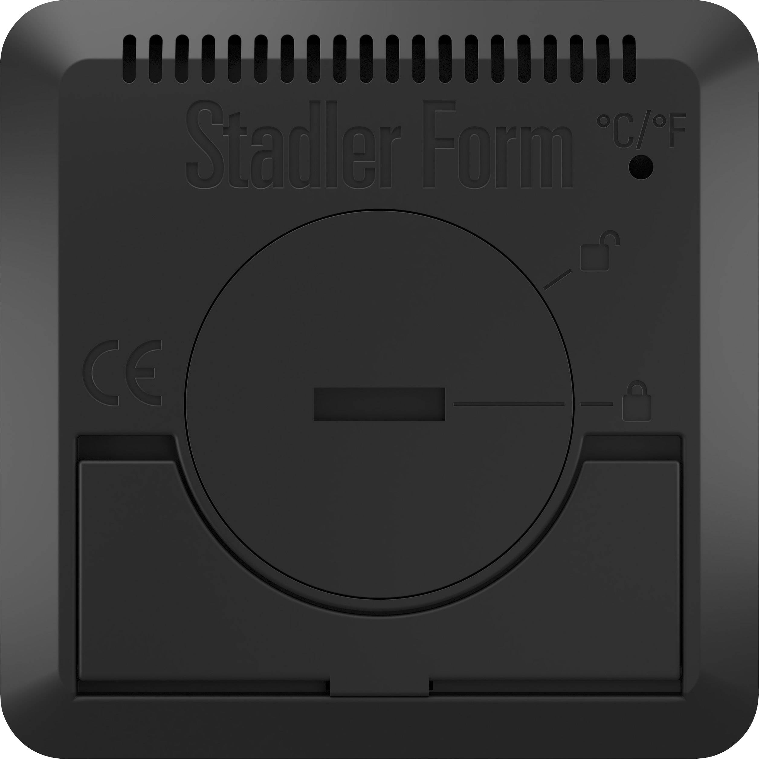 Schwarzes Gerät mit Temperaturanzeige, Symbolen für Celsius und Fahrenheit sowie einer Verriegelungsfunktion. Markenname oben.