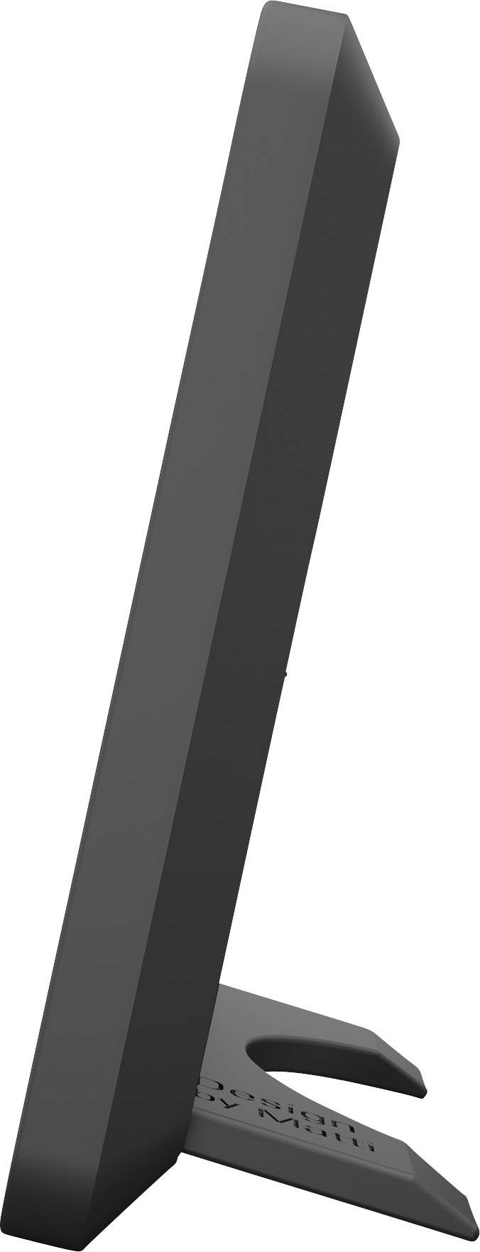 Ein schwarzer Monitor in Seitenansicht, zeigt ein schlankes Design auf einem stabilen Standfuß.