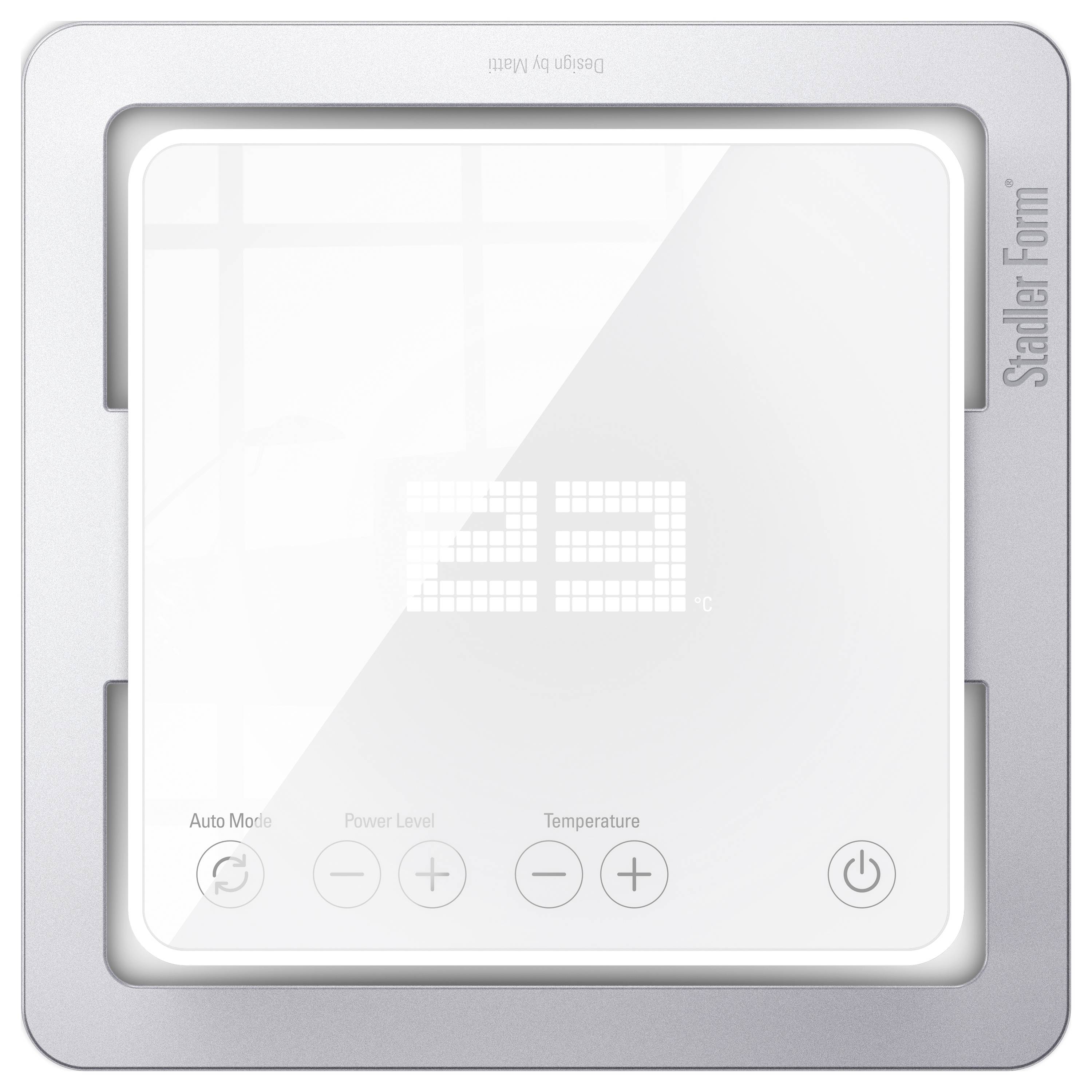 Ein silbernes Bedienelement einer Klimaanlage mit digitalem Display zeigt '23°C'. Darunter Tasten für Modus, Leistung und Temperatur.