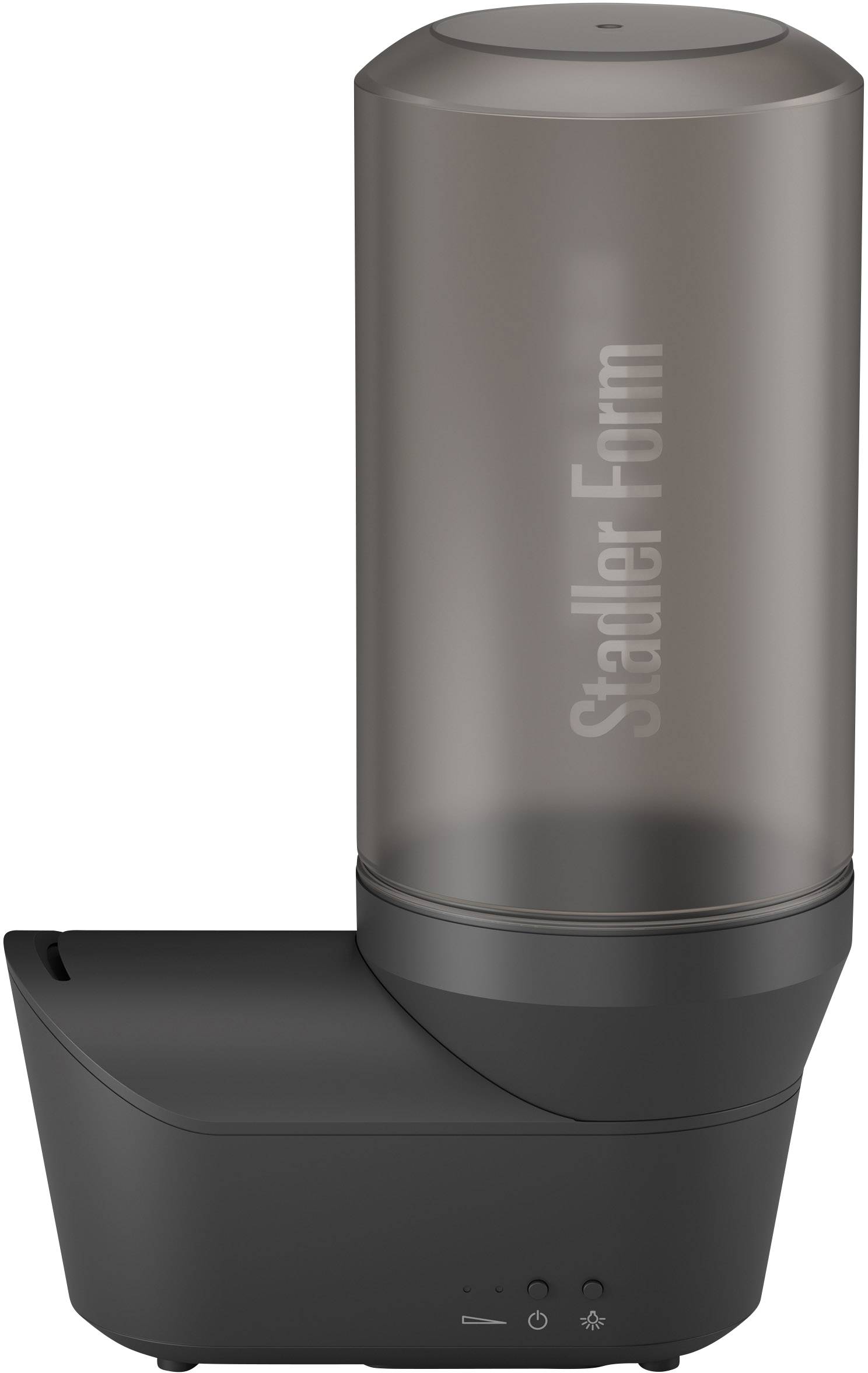 Luftbefeuchter in modernem, schwarzem Design mit transparentem Wassertank. Markennamen 'Stadler Form' vertikal sichtbar.