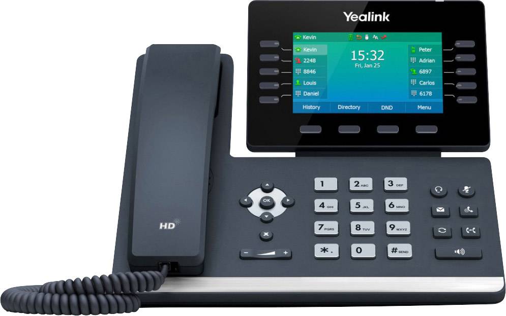 Bürotelefon mit Display und Tastenfeld. Der Bildschirm zeigt eine Kontaktliste und die Uhrzeit. Links befindet sich der Telefonhörer.