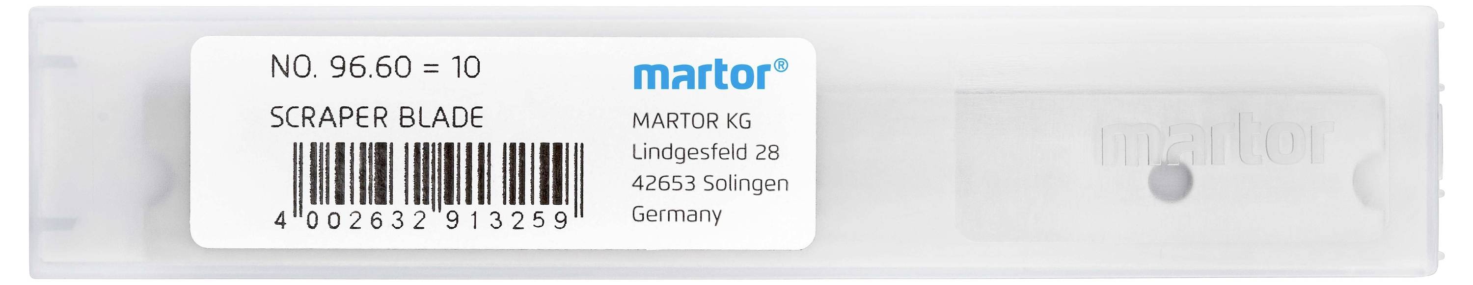 Abbildung von MARTOR Schaber-Klingenbox, Artikelnummer 96.60 = 10, mit Barcode und Firmenadresse in Solingen, Deutschland.