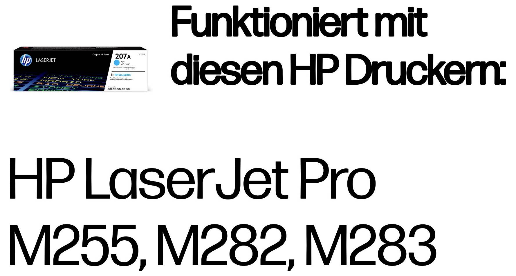 HP LaserJet Pro M255, M282 und M283 Druckerkompatibilitätsmitteilung mit einer angezeigten HP Tonerkartusche.
