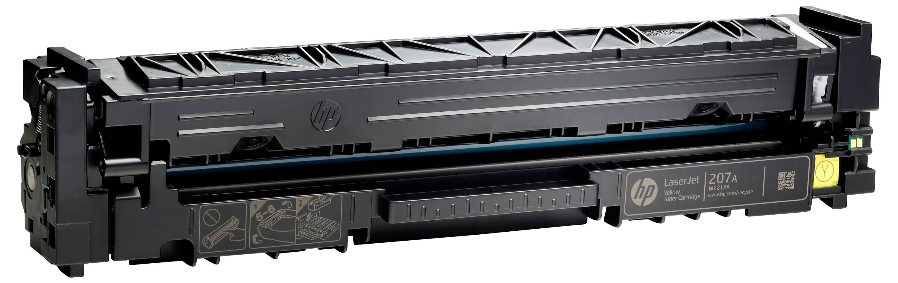 Schwarze HP LaserJet Tonerpatrone auf weißem Hintergrund dargestellt, mit der Bezeichnung "LaserJet 207A" und gelbem Griff auf der rechten Seite.