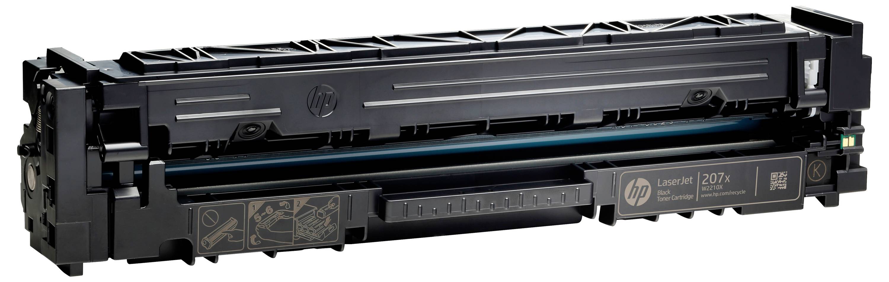 HP LaserJet 207A Tonerpatrone in Schwarz dargestellt, mit dem HP-Logo und Modelletikett auf der Seite sichtbar.