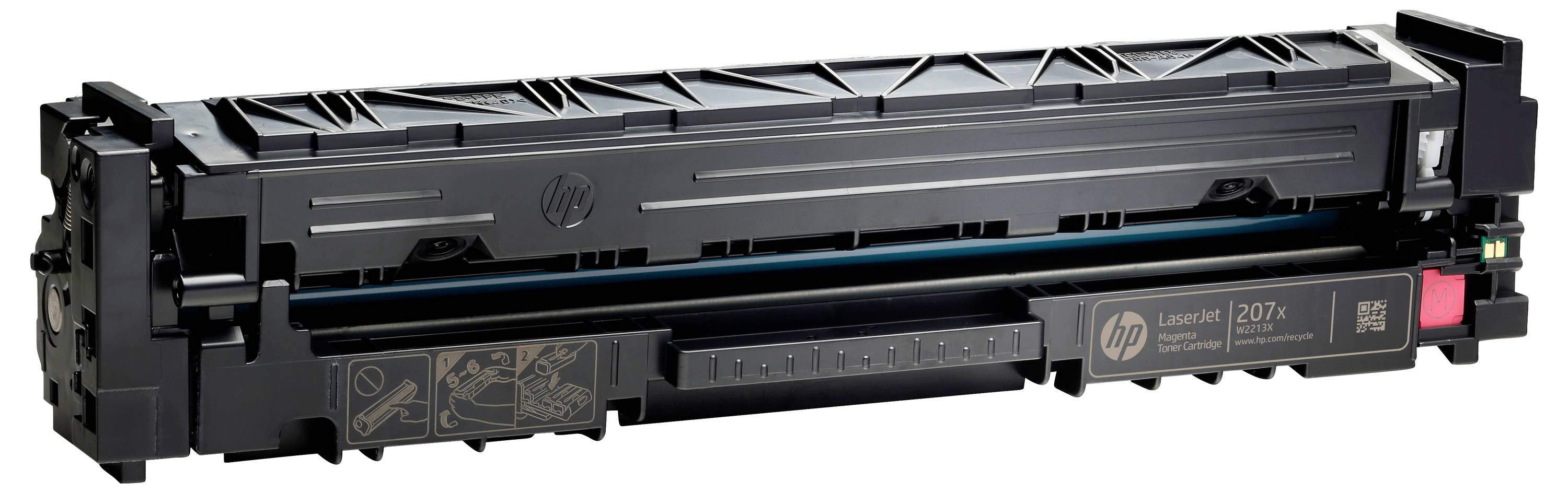 Schwarze HP LaserJet 207X Druckertonerkartusche mit rosa Lasche, isoliert auf weißem Hintergrund dargestellt.
