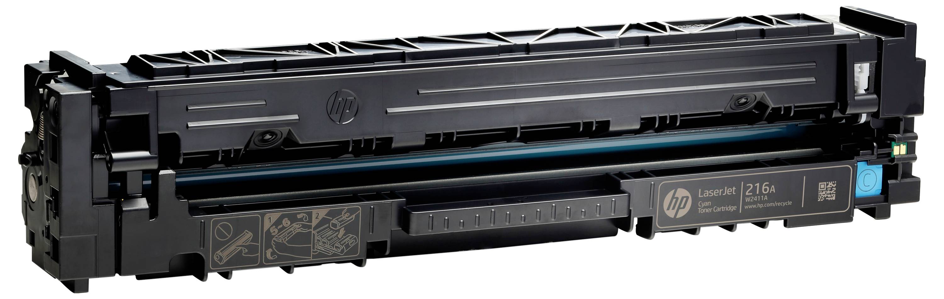 HP LaserJet 216A schwarze Tonerpatrone für einen Drucker, Seitenansicht auf weißem Hintergrund dargestellt.
