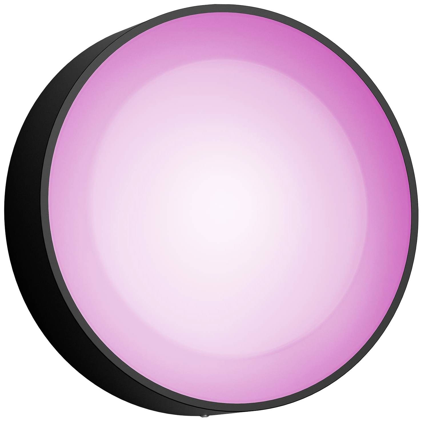 Runde Lampe mit einem äußeren schwarzen Ring und einem inneren leuchtenden rosa Licht auf weißem Hintergrund.