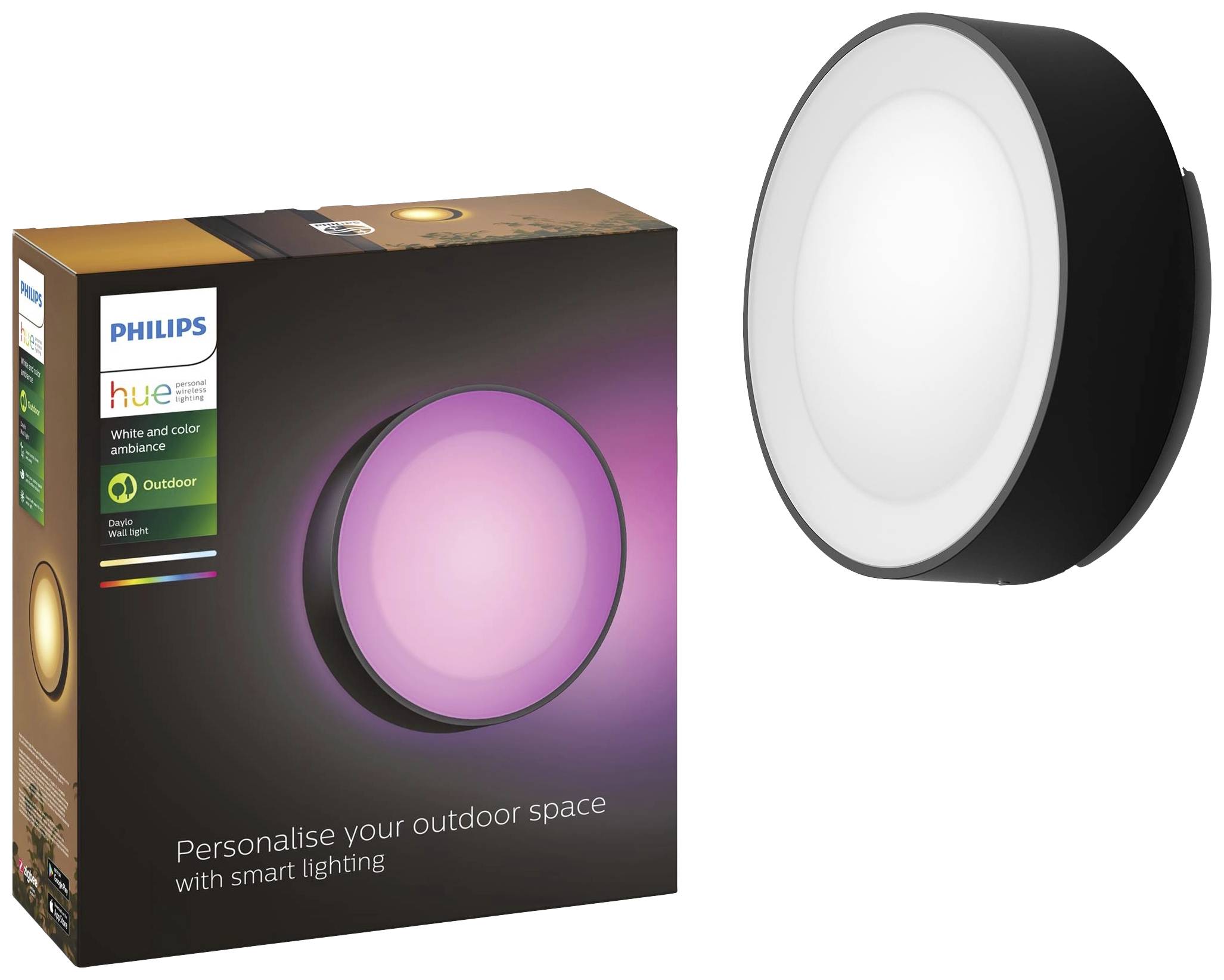 'Philips Hue Outdoor Light' im Karton, zeigt eine runde, farbwechselnde LED-Außenleuchte. Text: 'Personalisieren Sie Ihre Außenbereiche mit intelligenter Beleuchtung'.