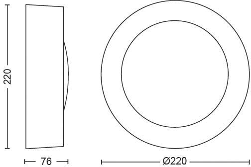 Diagramm eines runden Objekts mit einem Durchmesser von 220 mm und einer Tiefe von 76 mm. Seiten- und Draufsicht gezeigt.