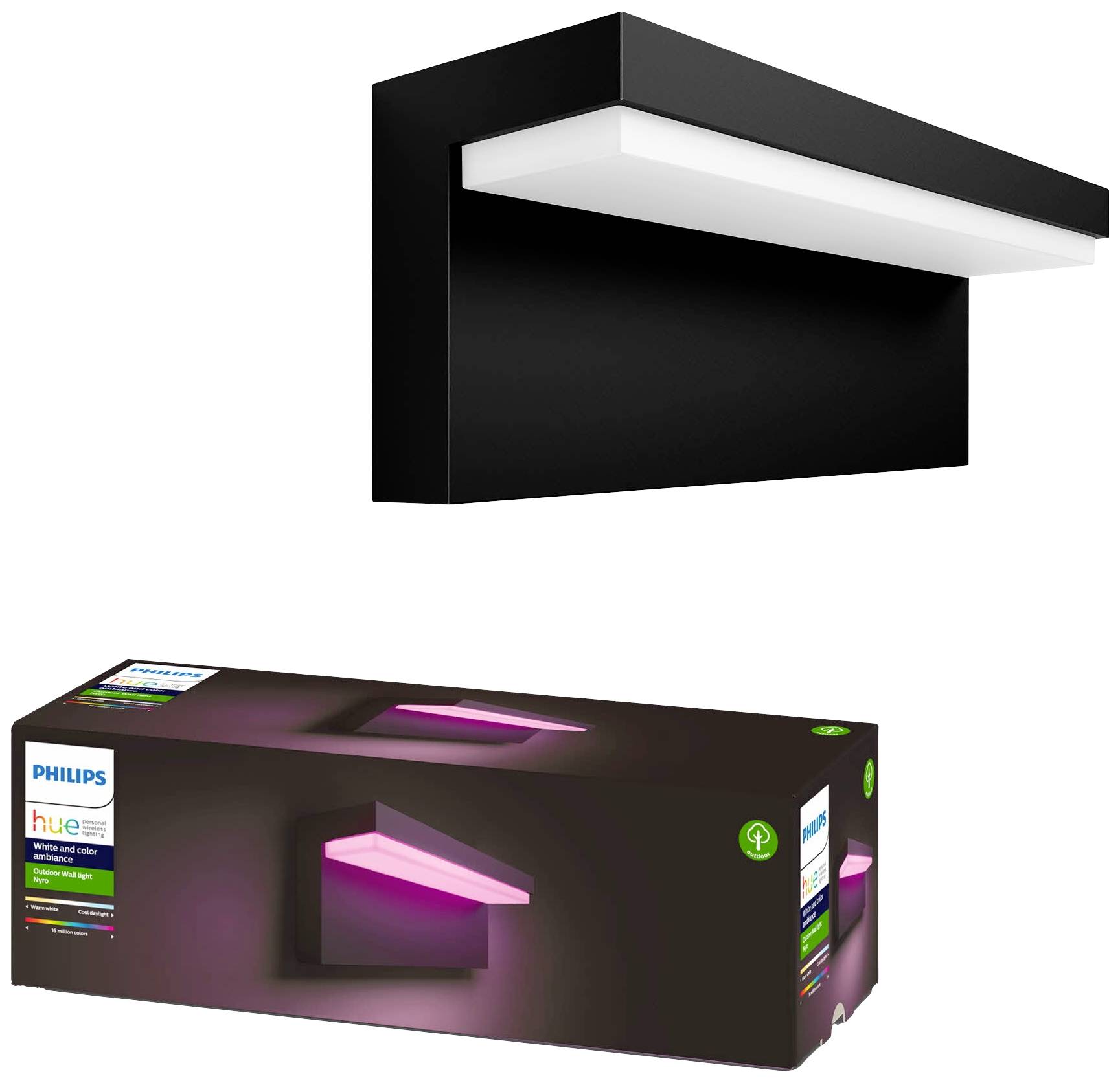 Schwarze Philips Hue Wandleuchte mit quadratischem Design, weiße Lichtleiste vorne. Verpackung zeigt Leuchte mit pinkem Licht.