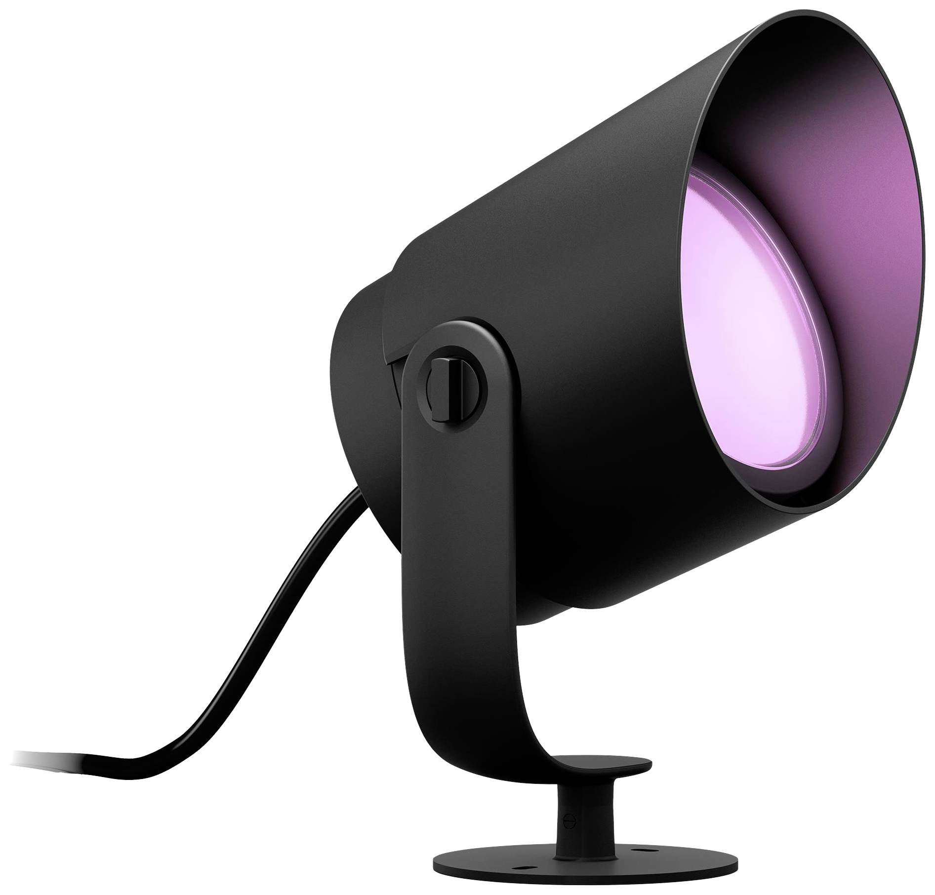 Schwarzer, zylinderförmiger Strahler mit verstellbarem Ständer, emittiert violettes Licht. Ideal für Akzentbeleuchtung.
