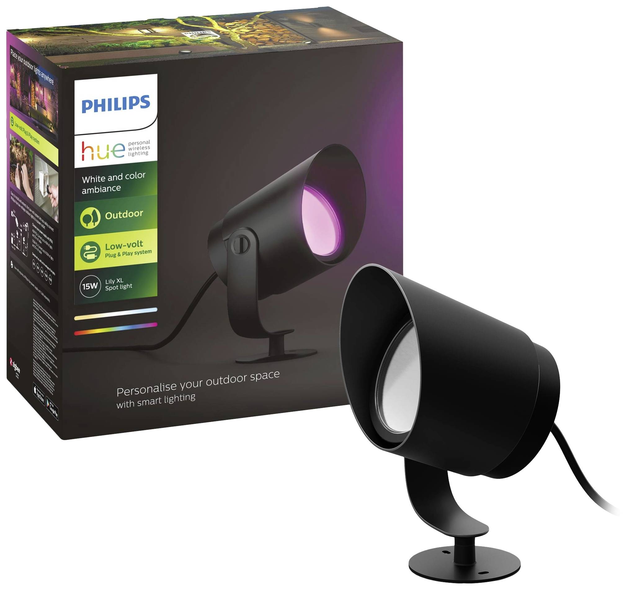 Philips Hue Outdoor-Leuchte in Schwarz vor Verpackung. Hinweis auf anpassbare Außenbeleuchtung mit Farbe. Ideal für individuelle Ausleuchtung.