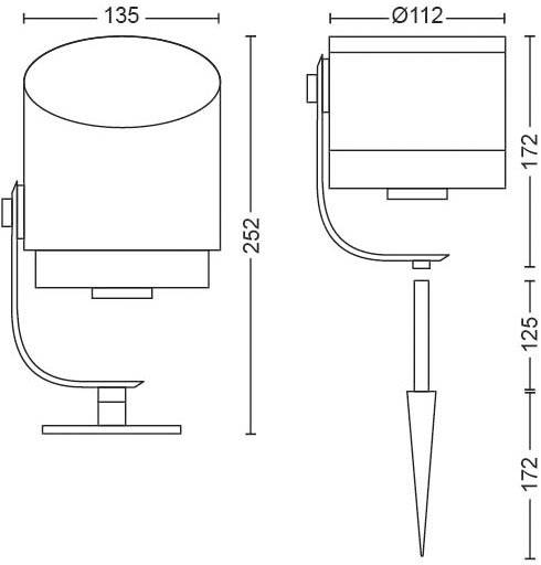 Technische Zeichnung einer Außenleuchte mit Erdspieß. Maße: Höhe 252 mm, Durchmesser 135 mm, seitliche Höhe 172 mm, Durchmesser 112 mm.