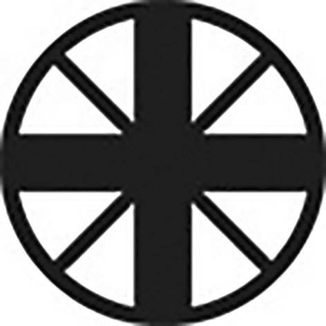 Ein schwarzes Kreis-Symbol mit einem weißen Kreuz und vier dreieckigen Segmenten.