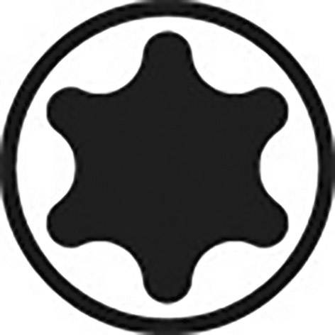 Kreisförmiges Logo mit schwarzem Sechszack, umrandet von einem schwarzen Kreis.