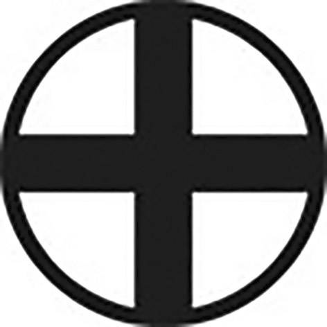 Ein schwarzes Kreis-Symbol mit einem gleichschenkligen Kreuz in der Mitte auf weißem Hintergrund.