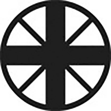 Schwarze Scheibe mit acht gleichlangen weißen Strahlen, die ein Zementwerkzeug symbolisieren.