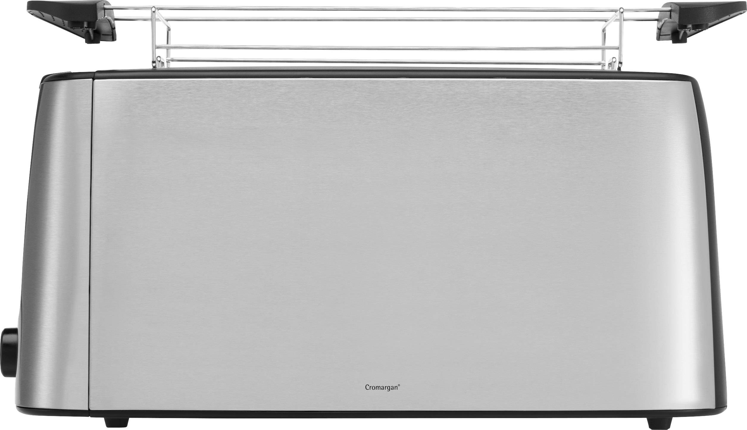 Silberner Toaster mit integriertem Aufsatz zum Aufwärmen von Brötchen.