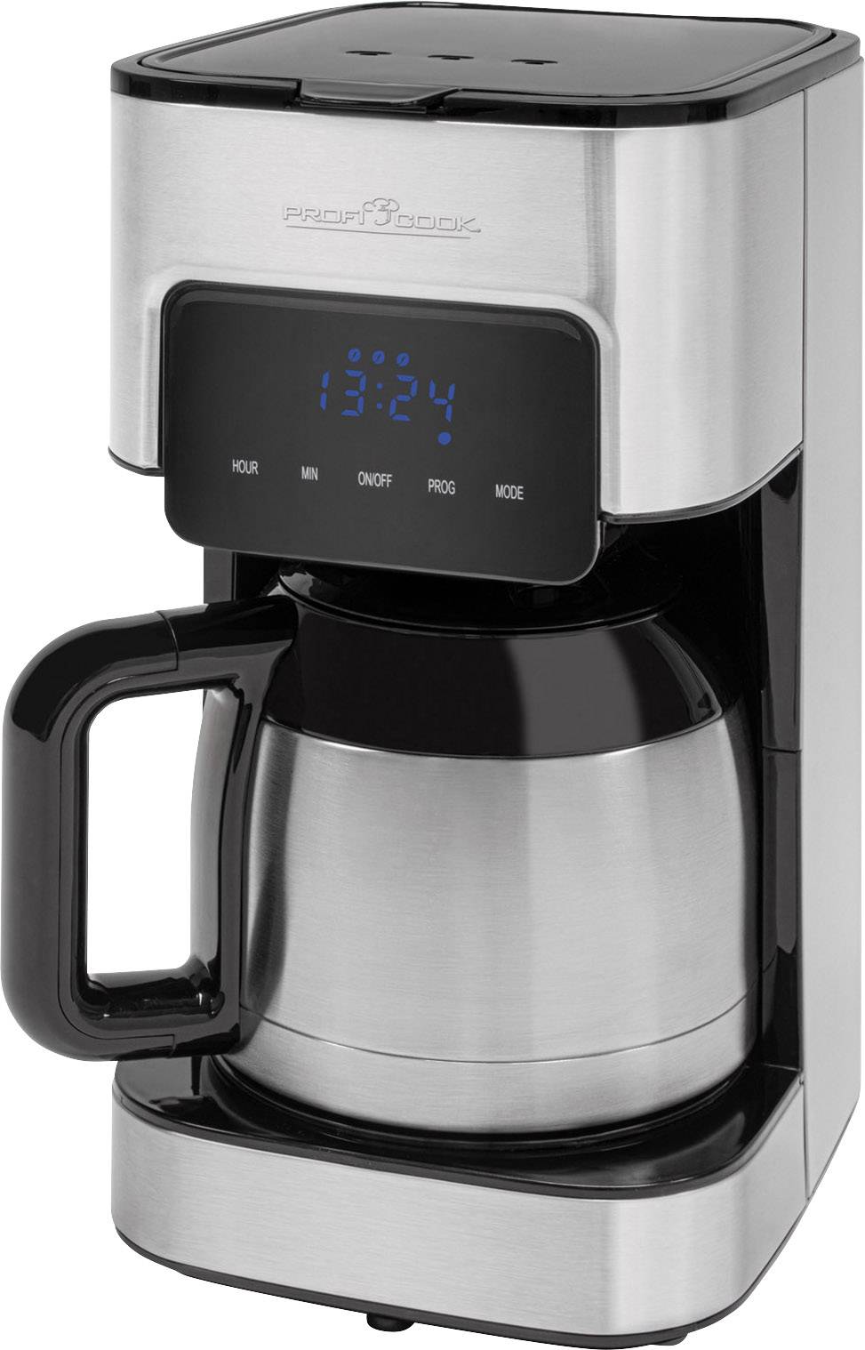 Eine silberne Kaffeemaschine mit digitaler Uhranzeige und Edelstahl-Thermoskanne. Uhrzeit auf Display: 13:24.