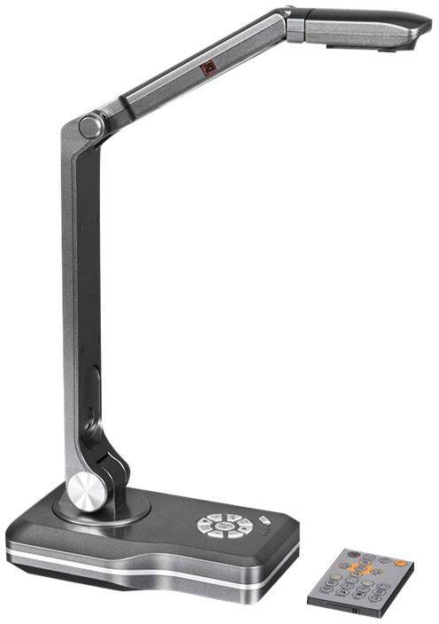 Ein grauer, faltbarer Dokumentenscanner mit rechteckigem Kamerakopf, inklusive Fernbedienung, zum Erfassen von Dokumenten.
