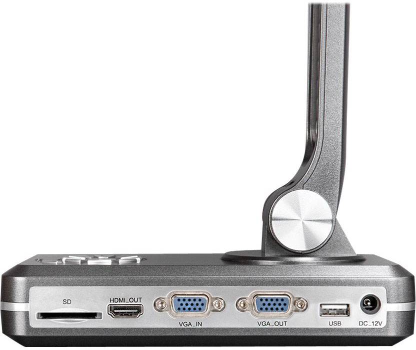 Ein kleines elektronisches Gerät mit verschiedenen Anschlüssen: SD-Kartensteckplatz, HDMI, VGA, USB und DC 12V für Stromversorgung.