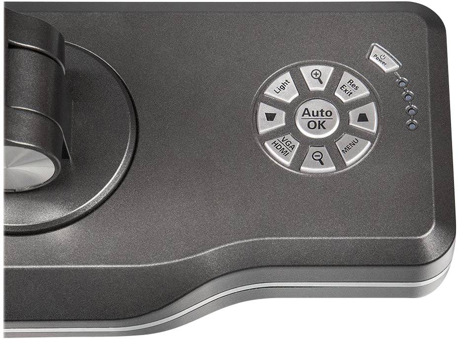 Ein graues Bedienfeld mit Tasten für 'Auto OK', 'Light', 'Menu', 'VGA/HDMI', 'Rotate 90°', 'Exit', und kleiner LED-Anzeige.