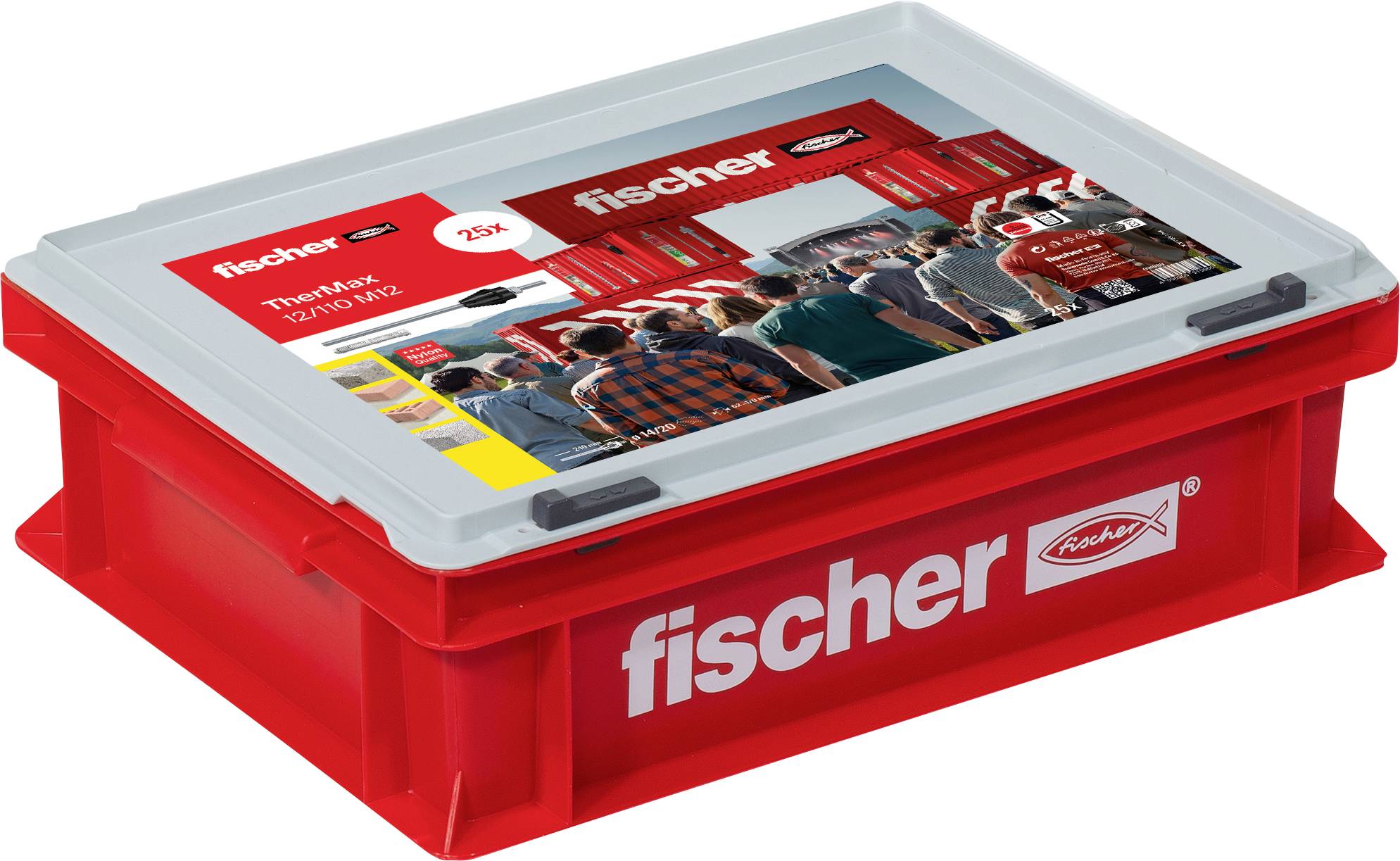 Rote Kunststoffbox von 'fischer' mit transparentem Deckel. Enthält 25 'fischer' Dübel. Werbefoto mit Anwendungsbeispiel auf dem Deckel.