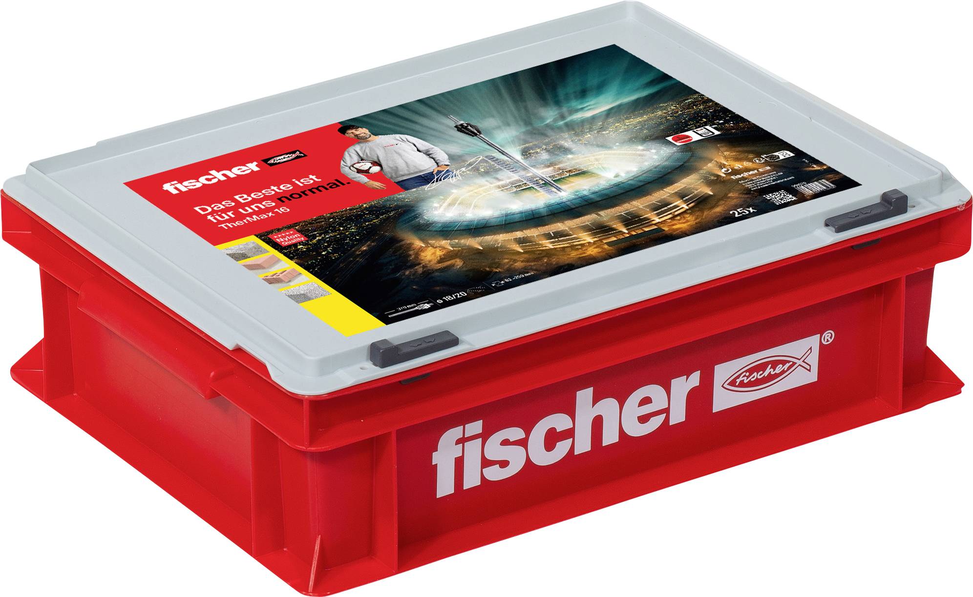 Rote Box mit dem Logo 'fischer', enthält 'fischer DuoPower-Dübel'. Auf dem Deckel ist ein Stadion und ein Bauarbeiter abgebildet.